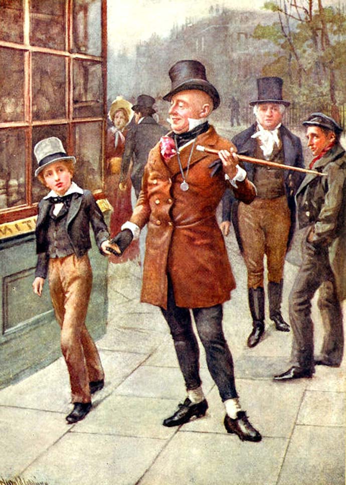 Mr. Micawber leidt David door de straten van de stad, Een prachtige afbeelding door Harold Copping (1863-1932). [Publiek domein].