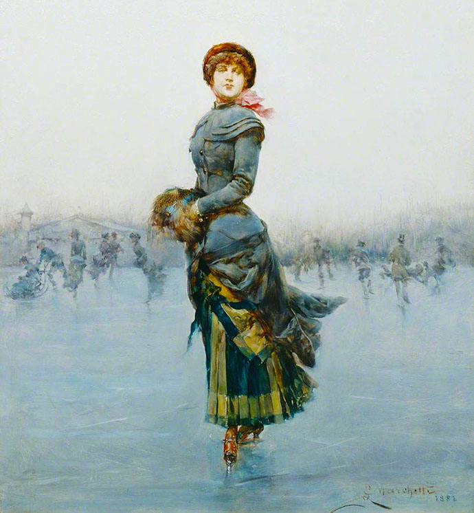 Victoriaanse schaatsende dame 1882