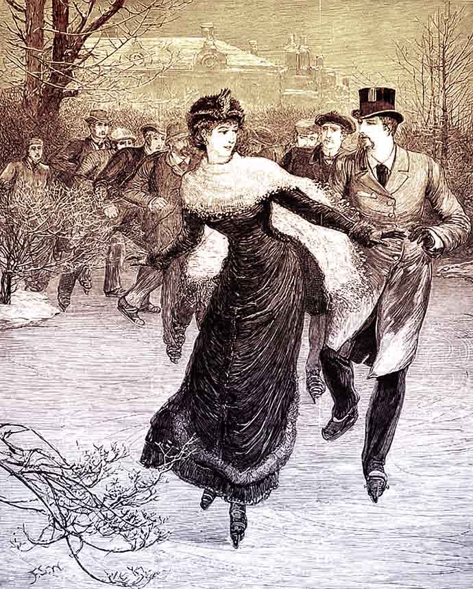 victoriaanse man en vrouw schaatsend