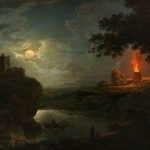 Ingelijst | Een brandende gieterij bij maanlicht (1800)