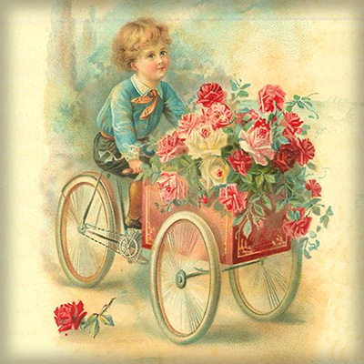 Een klassieke wenskaart voor verjaardagen met jongetje met een bakfiets vol rozen, uit 1904 uitgegeven door de Raphael Tuck & Sons