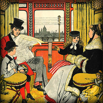 Een modieus gezin van vader, moeder en twee kinderen reizen met de trein, terwijl door het raampje van de coupé de skyline van London in de mist voorbij glijdt. Het versje bij deze kleurenprent van Walter Crane wijst erop dat het onderdeel uitmaakt van een langer kinderverhaal. Papa and Mama took them home, door Walter Crane in 1876. [Publiek domein].