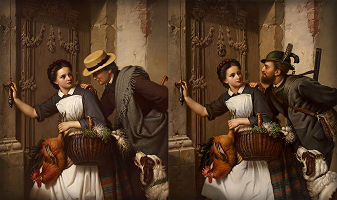 The Cavalier and the Girl naast The Flirtation, beide door de Duitse kunstenaar Ferdinand Minor (1814-1883) [Publiek domein].