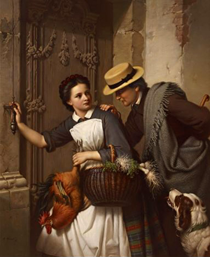 Schilderij The Cavalier and the Girl van de Duitse kunstenaar Ferdinand Minor (1814-1883) [Publiek domein].