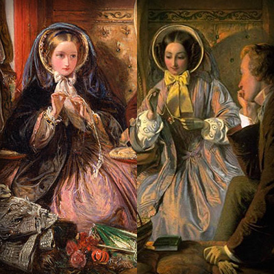 Beide versies van het schilderij First Class Meeting, At First Meeting Loved, door de Britse kunstenaar Abraham Solomon (1823-1862) [Publiek domein].