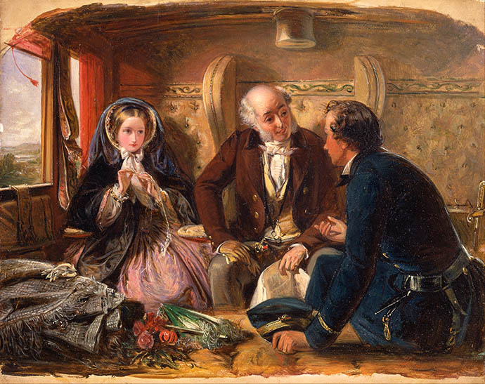 De herziene versie van het schilderij First Class Meeting, At First Meeting Loved, door de Britse kunstenaar Abraham Solomon (1823-1862) [Publiek domein].