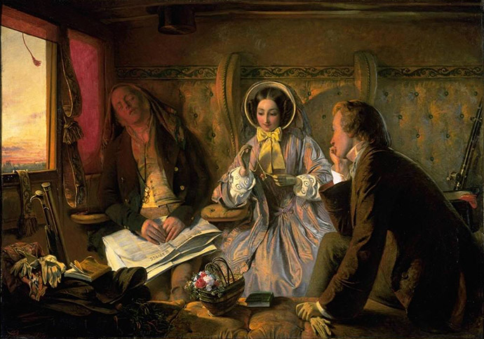 Eerste versie van het schilderij First Class Meeting, At First Meeting Loved, door de Britse kunstenaar Abraham Solomon (1823-1862) [Publiek domein].