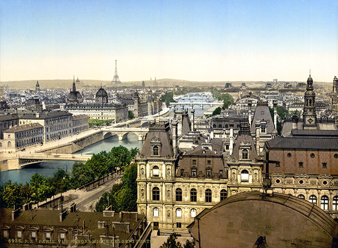 Uitzicht over de zeven bruggen van Parijs, fotochroom uit de periode 1890-1900.