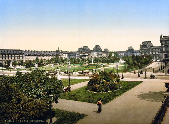 Fotochroom van het plein voor het Louvre in Pareis, 1890-1900 [Publiek domein].