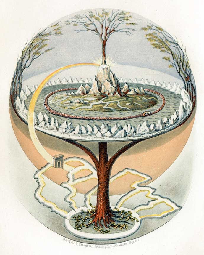 Yggdrasil, de wereldboom, door de Deense graveur Oluf Olufsen Bagge. Met de Romantiek van de 19e eeuw ontstaat er naast de christeliYggdrasil, de wereldboom, door de Deense graveur Oluf Olufsen Bagge, uit 1847. [Publiek domein].