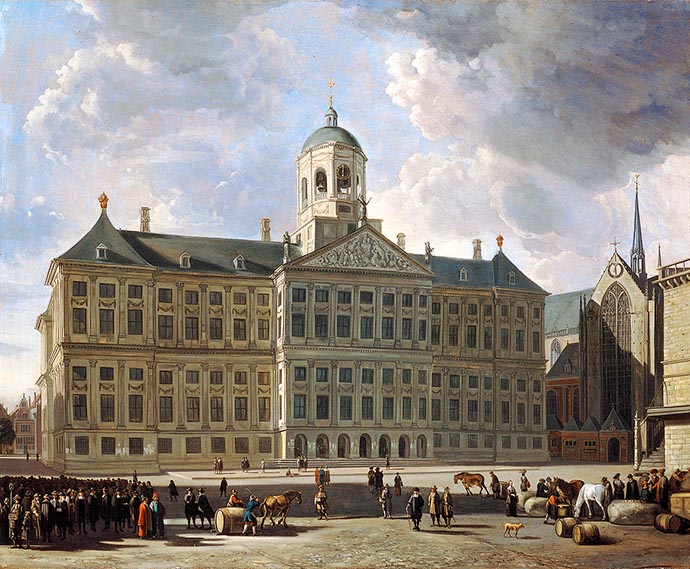 Het latere Koninklijk Paleis op de Dam, als het stadhuis van Amsterdam rond 1670, op een schilderij door Gerrit Adriaenszoon Berckheyde (1638-1698). [Publiek domein].