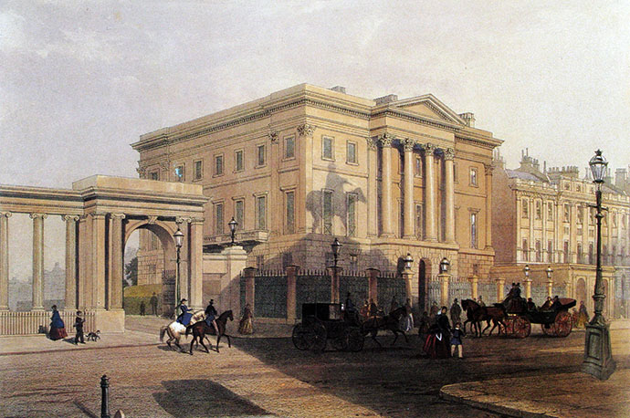 Aquarel van Apsley House door Thomas Shotter Boys, uit: Apsley House and Walmer Castle, illustrated by plates and description, uitgegeven door Richard Ford in 1853 [Publiek domein].