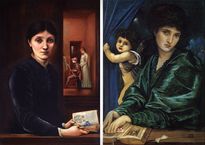 'Portret van Georgiana Burne-Jones, met Philip en Margaret' (1883) en 'Portret van Maria Zambaco' (1870) door Edward Burne-Jones (1872-1877) [Publiek domein].