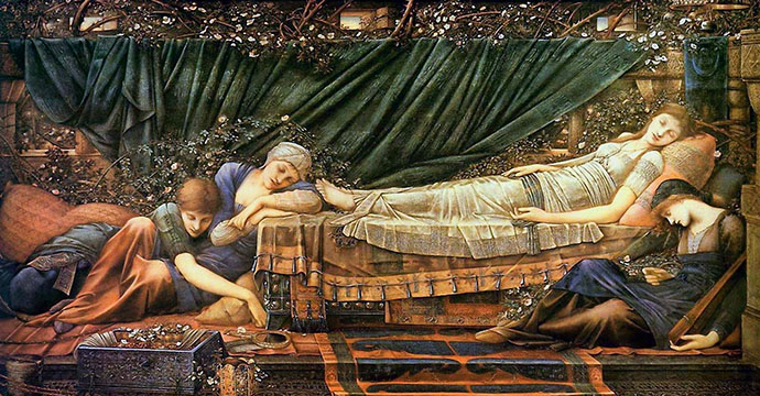 'The Rose Bower' door Edward Burne-Jones (1890) [Publiek domein].