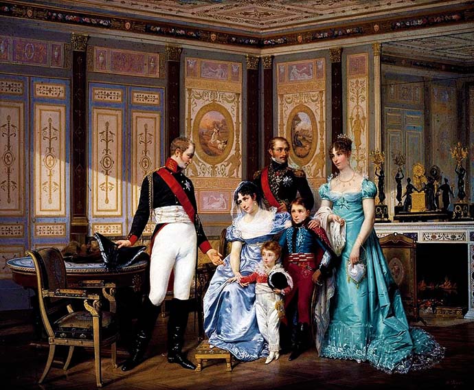 Keizerin Josephine en Koningin Hortense ontvangen samen met haar kinderen Tsaar Alexander I van Rusland. Schilderij door Hector Viger (1819-1879). [Publiek domein]