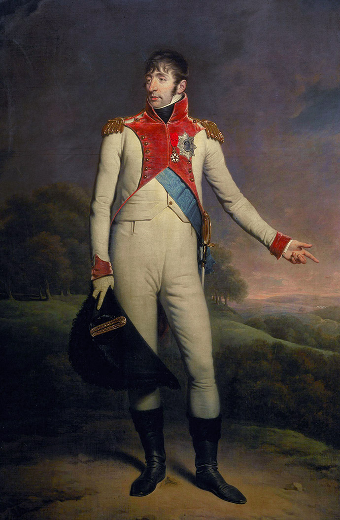 Lodewijk Napoleon, koning van Holland, Staatsieportret door de Britse schilder Charles Howard Hodges (1809). [Publiek domein]. Bewerking: My inner Victorian.