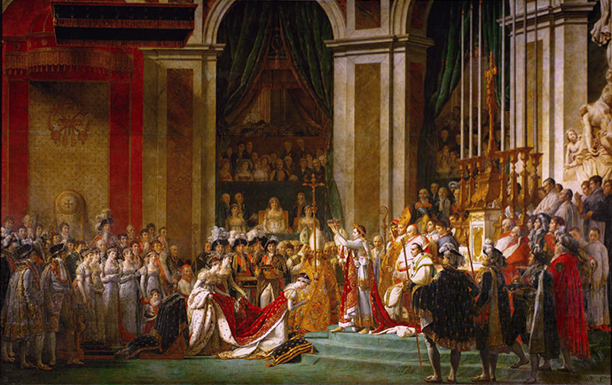 De kroning van Napoleon, door Jacques-Louis David (1807). [Publiek domein]. Bewerking: My inner Victorian.