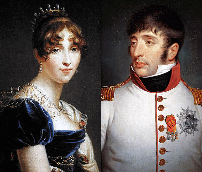 Hortense de Beauharnais, Koningin van Holland, portret door François Gérard (1770-1837). Lodewijk Napoleon, Koning van Holland, portret door de Britse schilder Charles Howard Hodges (1809). [Publiek domein].