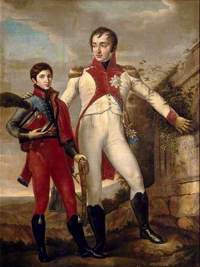 Koning Lodewijk met zijn zoon Napoleon-Louis als officier. Door Jean-Baptiste Wicar (1762-1834). [Publiek domein].