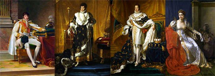 v.l.n.r. broers Louis Napoleon, Jérôme-Napoleon en Joseph-Napoleon (door François Gérard), en zus Elisa Bonaparte (door Marie-Guilhelmine Benoist). [Publiek domein].