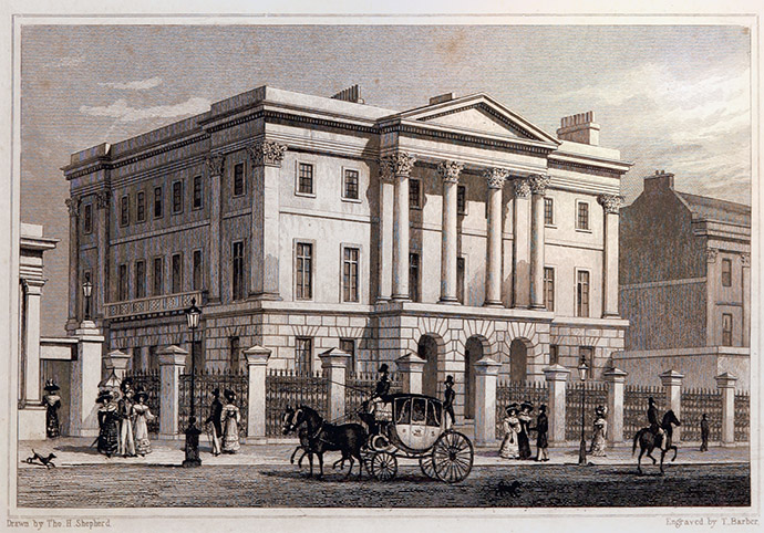 Apsley House, Hyde Park Corner (1828) door Thomas Hosmer Shephard, uit: Metropolitan Improvements; or London in the Nineteenth Century, uitgebracht door James Elmes (1782-1862) [Publiek domein].