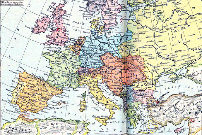 Een historische kaart van Europa in de periode 1871-1914. Uit: Historical Atlas by William Shepherd (University of Texas at Austin, 1923-26) [Publiek domein].