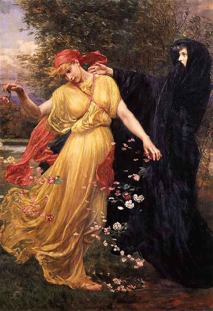 At the First Touch of Winter Summer Fades Away (1897) door de prerafaelitische kunstschilder Valentine Cameron Prinsep [Publiek domein].