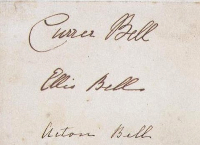 De 'handtekeningen' van de drie schrijfsters onder hun pseudonymen 'Currer', 'Ellis' en 'Acton Bell', rond 1846 [Publiek domein].