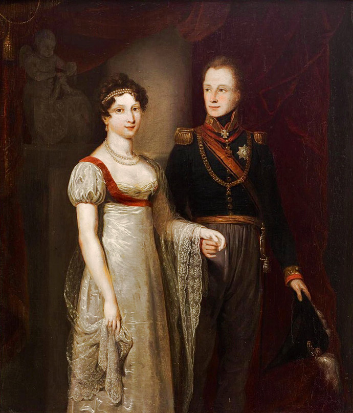 Kroonprins Guillot met zijn bruid, Anna Paulowna, het jongste zusje van de Russische tsaar Alexander I. Portret door Jan Willem Pieneman in 1816 [Publiek domein].