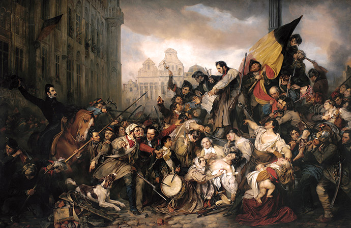 De Septemberdagen 1830 op de Grote Markt te Brussel, door Gustaaf Wappers in 1835 [Publiek domein].