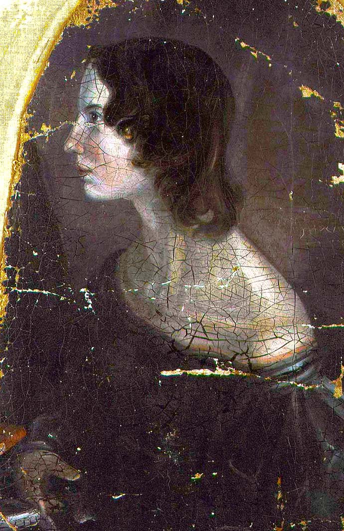 Van dit portret wordt vermoed dat het van Emily Brontë is; al zijn er ook kenners die zeggen dat het om Anne gaat. Door Branwell in 1834 [Publiek domein].