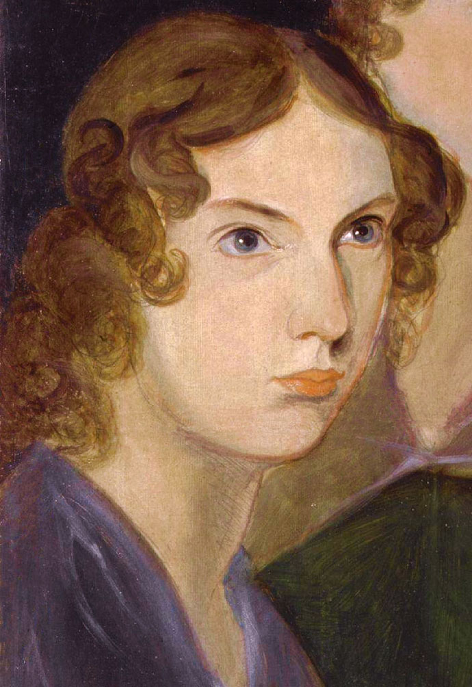 Het beroemde portret van Anne Brontë, een detail van het schilderij dat broer Branwell maakte van zijn drie zussen, in 1834 [Publiek domein].