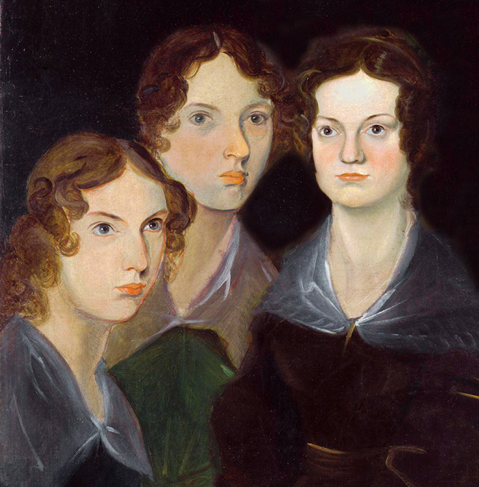 V.l.n.r: Anne, Emily en Charlotte Brontë, geschilderd door hun broer Branwell, rond 1834 [Publiek domein].