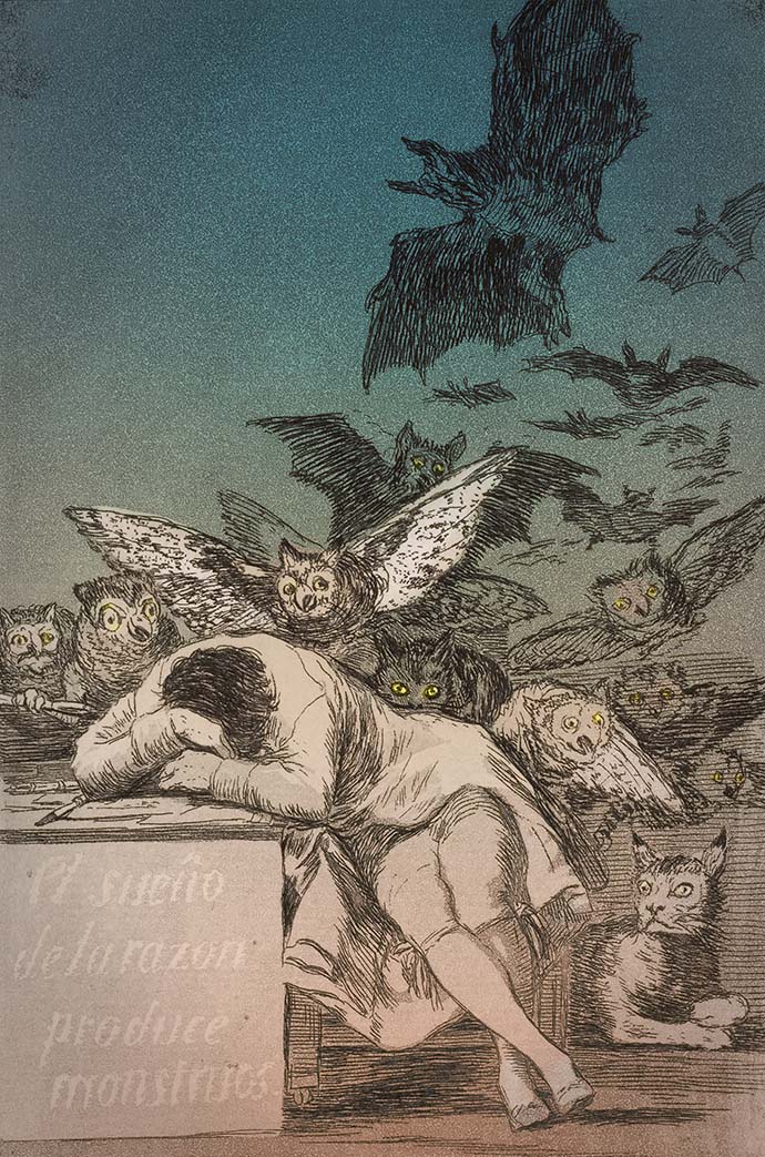 "De slaap van het verstand brengt monsters voort." Door de Spaanse kunstenaar Francisco Goya (1746-1828) [Publiek domein]. Kleurenbewerking door My inner Victorian.