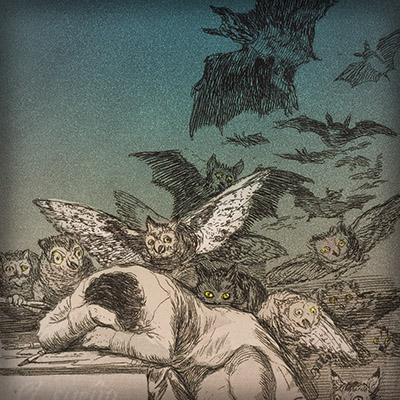 "De slaap van het verstand brengt monsters voort." Door de Spaanse kunstenaar Francisco Goya (1746-1828) [Publiek domein]. Kleurenbewerking door My inner Victorian.