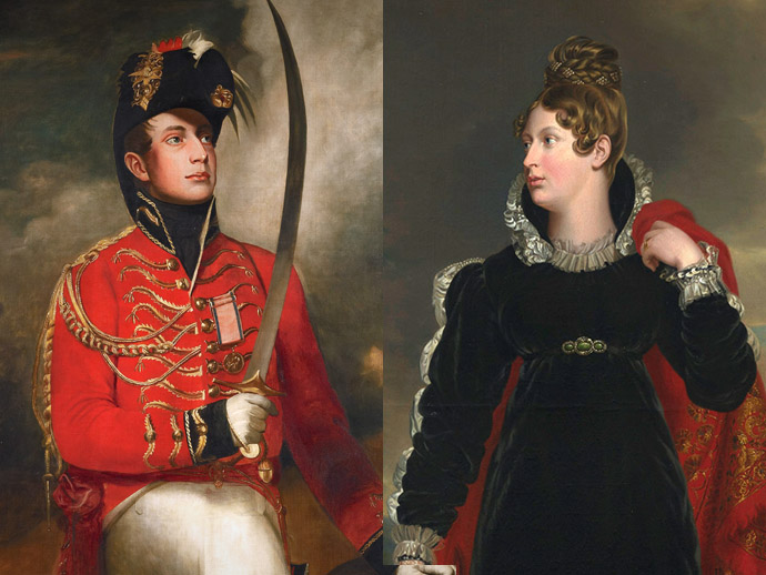 Twee portretten van Guillot, als jonge officier in het leger van de Britse generaal Wellington (tussen 1812 en 1815, door een anonieme schilder naar een werk van John Singleton Copley), en Prinses Charlotte van Wales (rond 1816-1818, door George Dawe) [Publiek domein]. Compilatie door My inner Victorian.