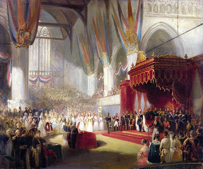 De inhuldiging van koning Willem II in de Nieuwe Kerk in Amsterdam op 28 november 1840. Schilderij door hofschilder Nicolaas Pieneman.