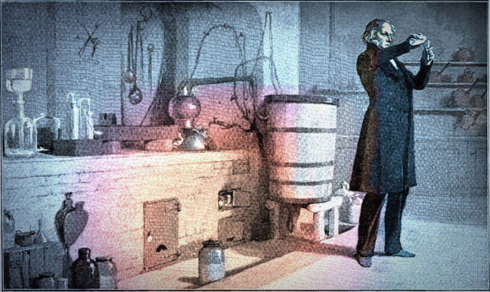 De geleerde Professor Redlaw brengt zijn Kerst door in zijn eenzame laboratorium. Illustratie door Charles Green (1893), uit: Charles Dickens' The Haunted Man and The Ghost's Bargain. A Fancy for Christmas Time, Pears Centenary Edition (1912). Bron: victorianweb.org. Ingekleurd door © <em>My inner Victorian</em>.