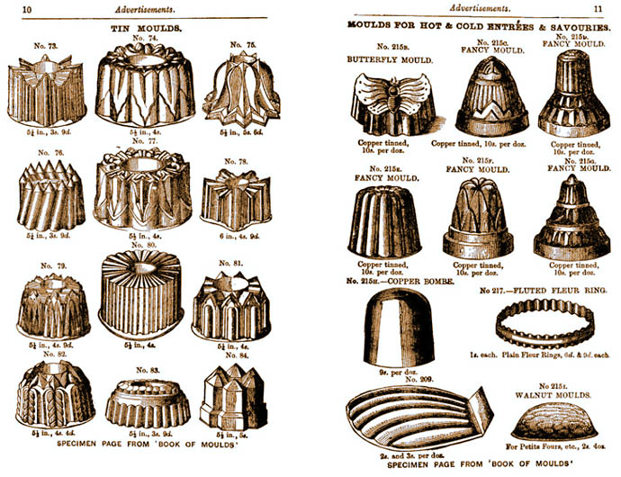 Advertentie voor tinnen en koperen vormen in Agnes B. Marshall’s Cookery Book (editie 1894) [Publiek domein].