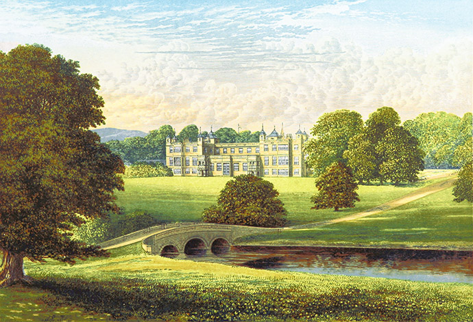 Uitzicht op Audley End House. Uit: Francis Orpen Morris, A Series of Picturesque Views of Seats of the Noblemen and Gentlemen of Great Britain and Ireland with Descriptive and Historical Letterpress (1880) [Publiek domein]. Bewerking door My inner Victorian.