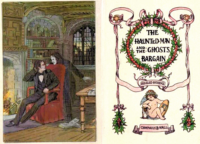 Redlaw en zijn geest, op het voorblad van de prachtige editie van Dickens' uitgevers Chapman & Hall. Illustrator onbekend [Publiek domein].