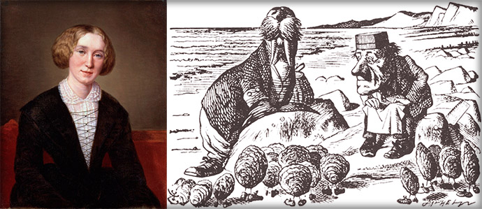 De schrijfster George Elliot rond haar dertigste, naast een scene uit Lewis Carols Alice Through The Looking Glass, door John Tenniel [Publiek domein]. Compilatie door My inner Victorian.