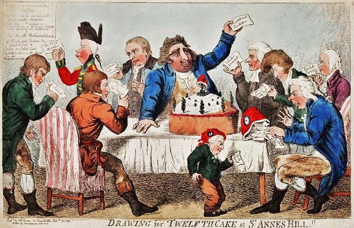 Een politieke cartoon van Isaac Cruikshank uit 1779, met daarop een Twelfth Cake.