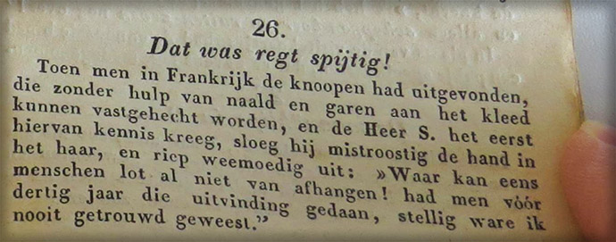 Grapje over vrijgezellenknopen uit de Enkhuizer Almanak van 1845.