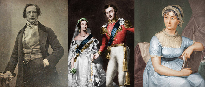 Jane Austen, Koningin Victoria en Prins Albert, en Charles Dickens. Compilatie door My inner Victorian.