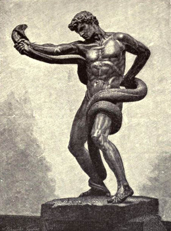 Een eigentijdse weergave van Leightons bronzen beeld, Athlete Wrestling with a Python (1877) [Publiek domein].