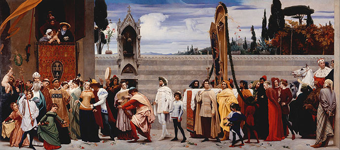 Cimabue's Celebrated Madonna is Carried in Procession through the Streets of Florence (1855) door Frederic Leighton [Publiek domein].