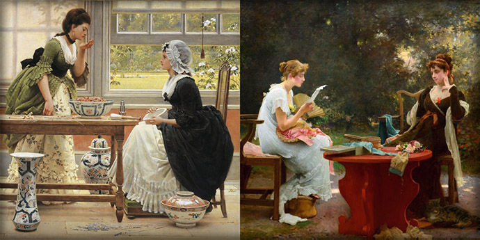 Links: Pot pourri door George Dunlop Leslie (1835-1921) [Publiek domein]. Rechts: Her First Love Letter (1889) door Marcus Stone (1840-1921) [Publiek domein]. Compilatie door My inner Victorian.