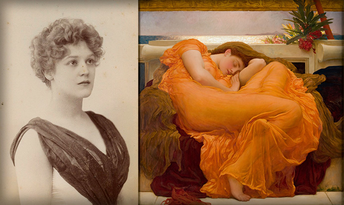 Actrice Dorothy Dene (geboren als Ada Alice Pullen), op een foto door W & D Downey uit de jaren 1880 [Publiek domein], naast Leightons meesterwerk, Flaming June, waarvoor zij waarschijnlijk poseerde [Publiek domein]. Compilatie door My inner Victorian.