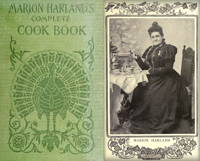 Marion Harland naast het omslag van haar kookboek, , rond 1903 [Publiek domein].